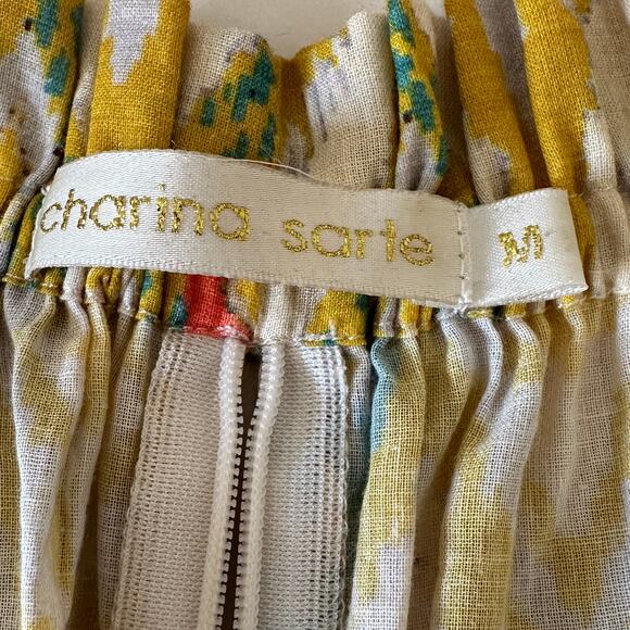 CHARINA SARTE | Yellow Ikat Printed Cotton Mini Dress Puff Sleeve | Size Medium - Picture 9 of 9